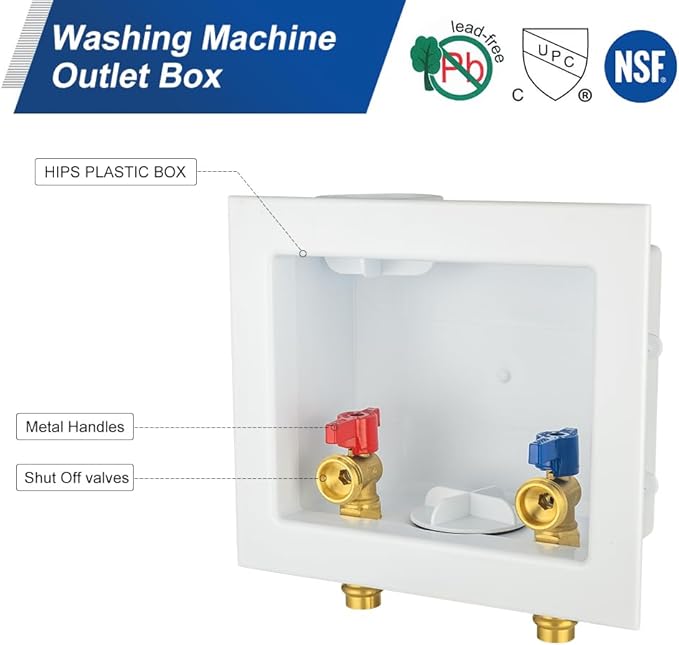 EFIELD Washing Machine Outlet Box, 1/2-inch Copper Press Inlet with Center Drain, White,(WM055)