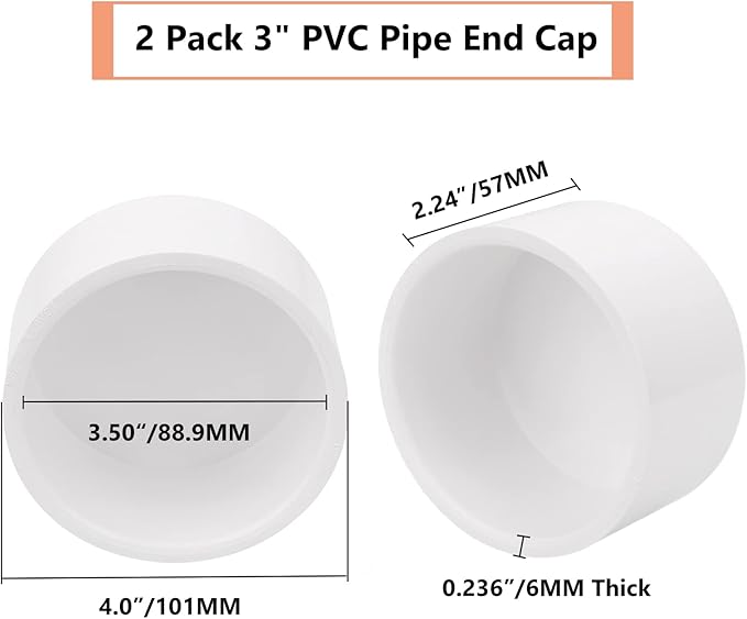 2 Pack 3"PVC Pipe End Cap Fitting Schedule 40 Furniture Grade 3" PVC Pipe Plug Adapter for Build Furniture DIY Garden Shelf, White