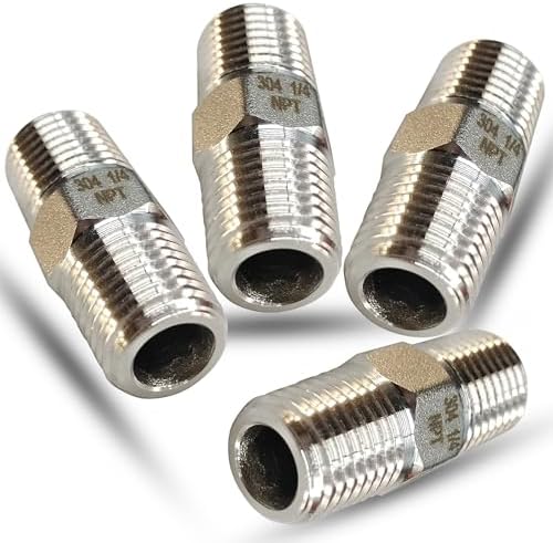 1/4" NPT Male Hex Nipple Pipe Fittings, 304 Stainless Steel 1/4 inch Threaded Pipe Adapter Fittings Equal Nipples Connectors, 4pcs Male Straight Connector Pipe Fitting