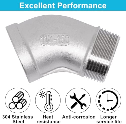1PCS 45 Degree Elbow Fittings, 1-1/4" NPT Male to 1-1/4" NPT Female 304 Stainless Steel Pipe Fitting, Connector Coupler Apply to Outdoor Garden Industrial