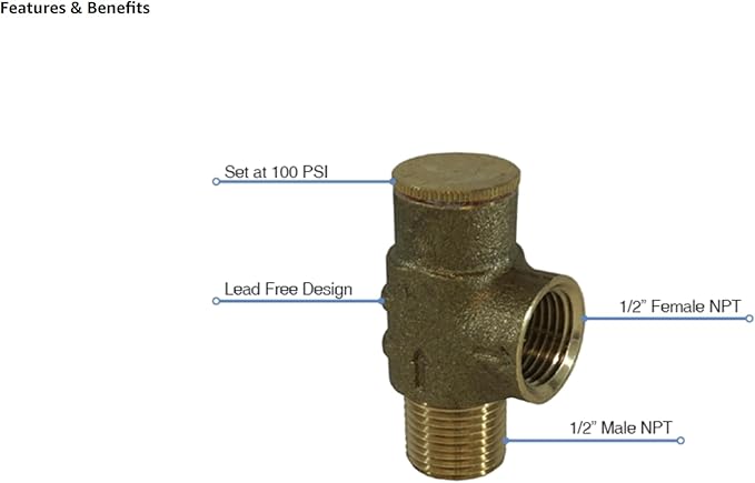 Merrill MFG Lead-Free 1/2" Pressure Relief Valve - No-Lead Brass, 100 PSI for Water Systems