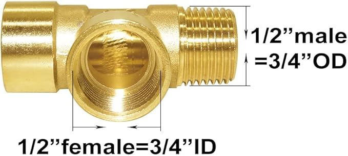 Joywayus Brass Pipe Fitting Barstock Tee 3 Way NPT 1/2" Female x 1/2" Female x 1/2" Male Hose Fitting (Pack of 2)