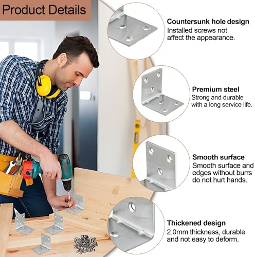 30 Pack Metal Angle Brackets, 2" x 2" Silver Stainless Steel Double Wide Corner Brace, Heavy Duty L Shaped Shelf Bracket 90 Degree Corner Bracket for Wood Furniture Cabinets Shelves