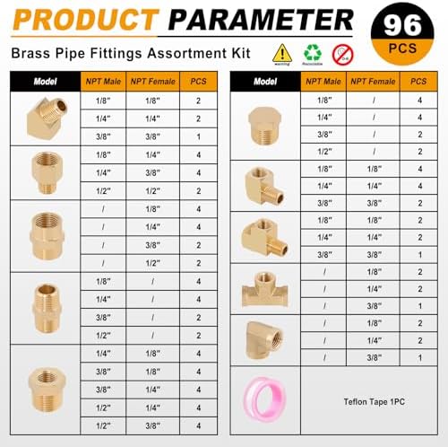 KOOTANS 96PCS Brass Pipe Fittings Assortment Kit,1/8" 1/4" 3/8" 1/2" NPT
