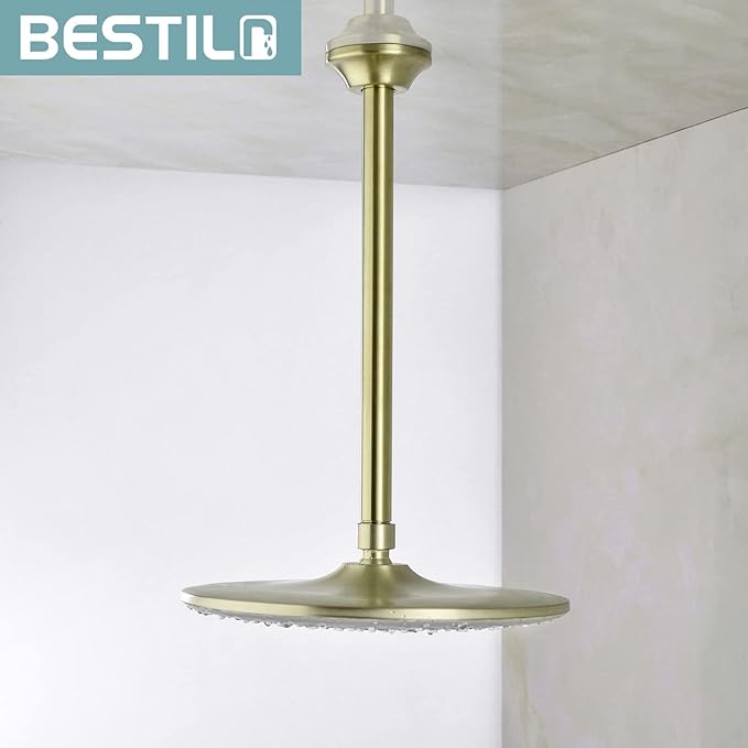 BESTILL 12 Inch Ceiling Mount Rain Shower Head Arm and Flange, Brushed Gold