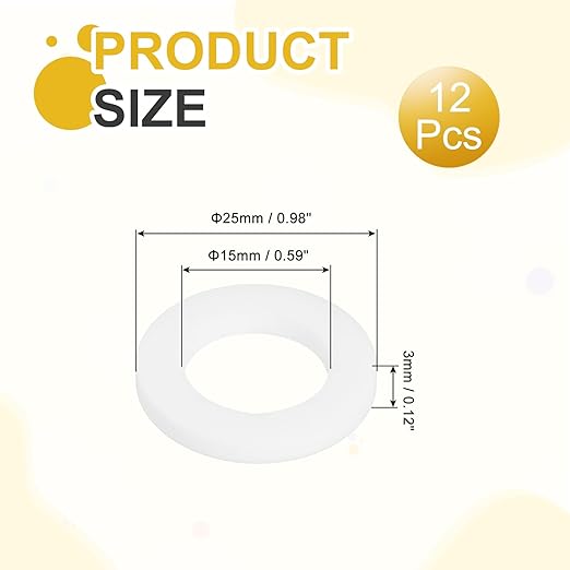 MECCANIXITY PTFE Flat Washers, 12Pack 25mm OD 15mm ID 3mm Thick Sealing Spacer Gasket Ring for Faucet Pipe Hose Bolt Machinery, White
