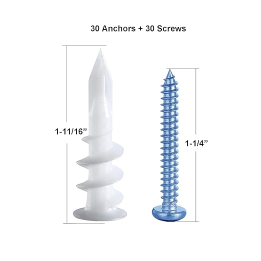 #8 Self Drilling Drywall Plastic Anchors with #8 x 1-1/4'' Pan Head Screws, 60 PCS (30 Anchors+30 Screws) Self-Tapping Anchors & Screws for Hanging and Mounting