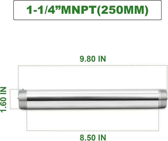 TAISHER 1PCS Stainless Steel Pipe Fittings, 1-1/4" NPT Male x 1-1/4" NPT Male Threaded, 10" Length Nipple Cast Pipe