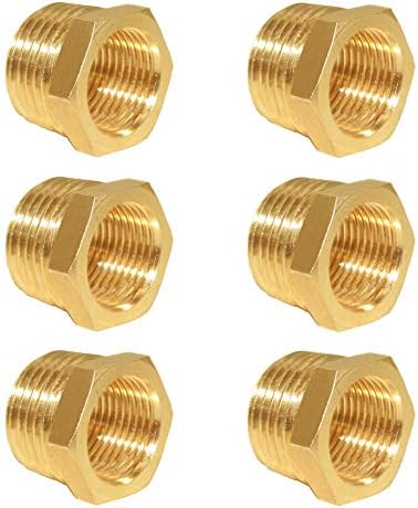 Hooshing 6PCS Brass Reducer Hex Bushing 1/2" NPT Male x 3/8" NPT Female