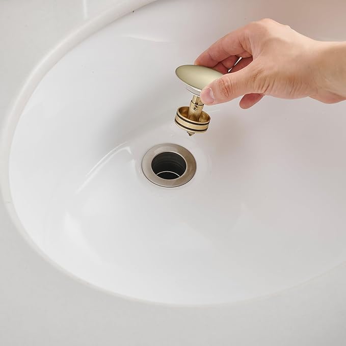 BWE Brushed Gold Bathroom Vessel Sink Drain Stopper with Overflow One Piece Pop Up Drain Assembly with Strainer for Bathroom Faucet Sink