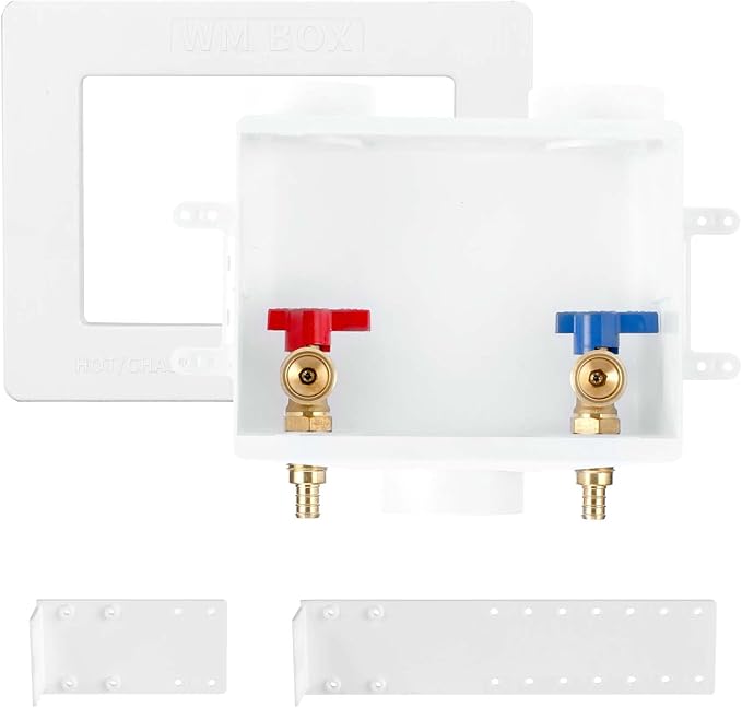 Premium Washing Machine Outlet Box with Center Drain, 1/2-Inch Pex Crimp x 3/4-Inch MHT Connection, Laundry Washer Valve Outlet Box with Clear Text Instructions