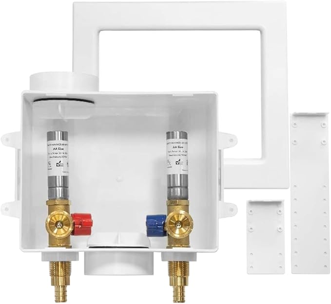 Washing Machine Outlet Box with Stainless Steel Water Hammer Arrestor,1/2 Inch PEX Inlet x 3/4 Inch MHT Outlet Connection Laundry Outlet Boxes,Washer Plumbing Box with Center Drain(WM007)