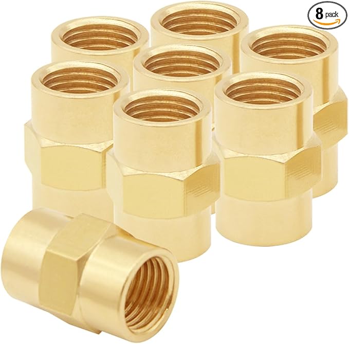 8PCS 1/4 Inch NPT Brass Hex Nipple Coupling 1/4" NPT x 1/4" NPT Female Threaded Equal Diameter Coupler Air Hose Pipe Fittings Adapter for Water/Oil/Gas