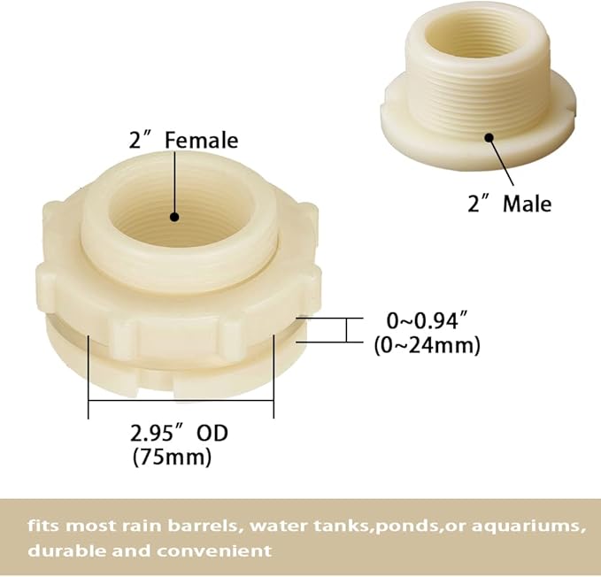 2" Female ABS Bulkhead Fitting, Plastic Water Tank Connector Adapter Fitting with Plugs for Outdoor rain Barrel Garden Hose Adapter Spigot kit Water Tank Gallon Drain Bucket(Set of 2)