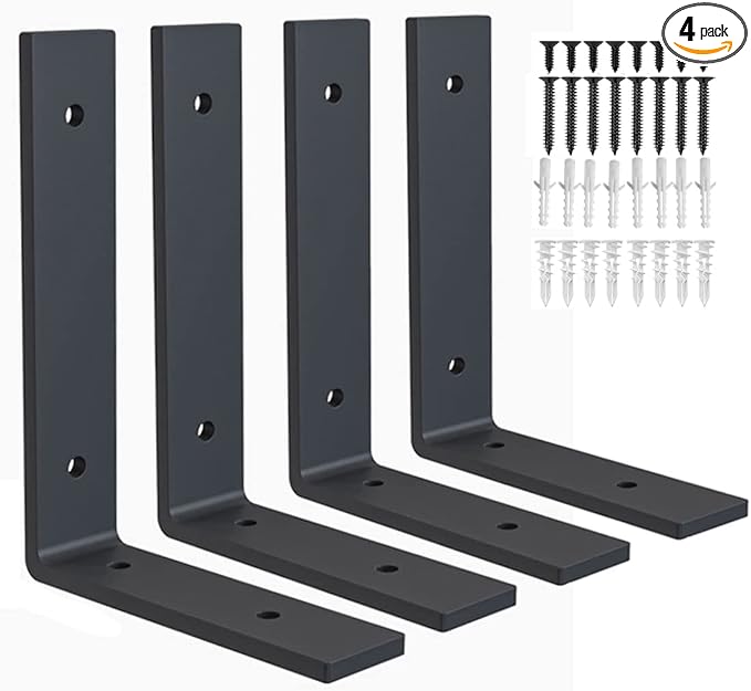 Heavy Duty Shelf Brackets 10 inch Rustic L Black Shelf Brackets 10 x 6 inches Metal Iron Industrial Shelf Bracket - L10 x H 6" x W 1.5" - 4 Pack