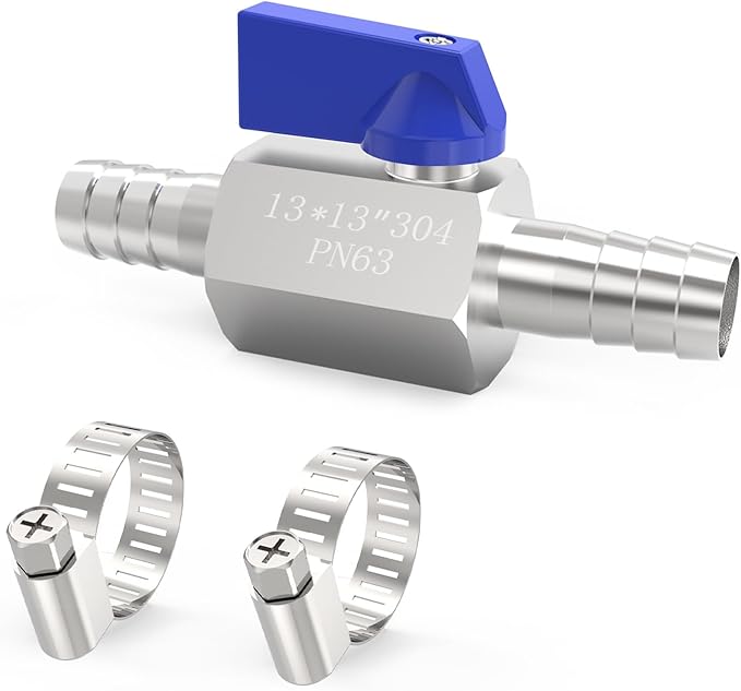 ChillWaves 304 Stainless Steel Mini Ball Valve, Shut Off Switch Ball Valve 1/2" Barb with Hose Clamp for Water、Gas、Fuel、Drip Irrigation and Aquariums(1-PACK)