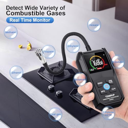 Gas Leak Detector, TEMIRUP Natural Propane Gas Sniffer Combustible Gas Leak Detector with 50-50000PPM 100% LEL, 2.6'' Color LCD Display,Temperature Measure, 12" Flexible Probe,High Sensitivity