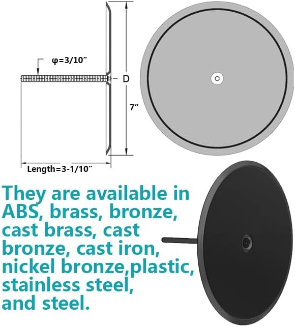 7" Black Decorative Cleanout Access Covers Plate, Flat Design Cover and Seals CO2530-SS7 For Back Deck Drains and Plug Hole with Large Center Securing Screw, Stainless Steel, Round