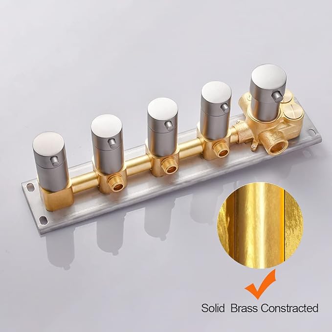 AYIVG Brass Concealed 4-Way Thermostatic Valve Pressure Balanced Shower Mixer with S5 Round Handles (Can Simultaneous Operation, Flows Can Be Controlled Brushed Nickel)