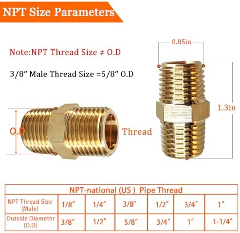 2PCS Hex Brass Nipple 3/8"NPT Male X 3/8" NPT Male Pipe Fitting 3/8 inch Brass Pipe Nipples Male Pipes Adapter Fittings Heavy Equal Nipples Connectors