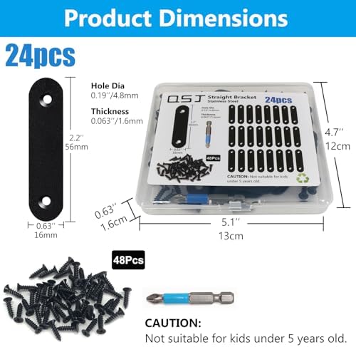 QSJ 24 Pcs Black Straight Bracket Mending Plate for Wood Stainless Steel Straight Brackets 56mm / 2.2" Wood Brace with Screws and Screwdriver