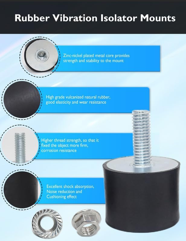 M12 Rubber Vibration Isolator Mounts Single Stud Shock Absorber Mechanical Vibration Damping Anti Vibration Silent-Blocks for Motors Compressors Pumps, 4pcs M12x37-60x50mm, 4pcs LockNuts