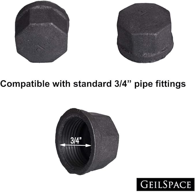 GeilSpace Cap, Malleable Iron Pipe Fittings - Vintage DIY Industrial Shelving, Industrial Decor, Furniture DIY (3/4", Grey)