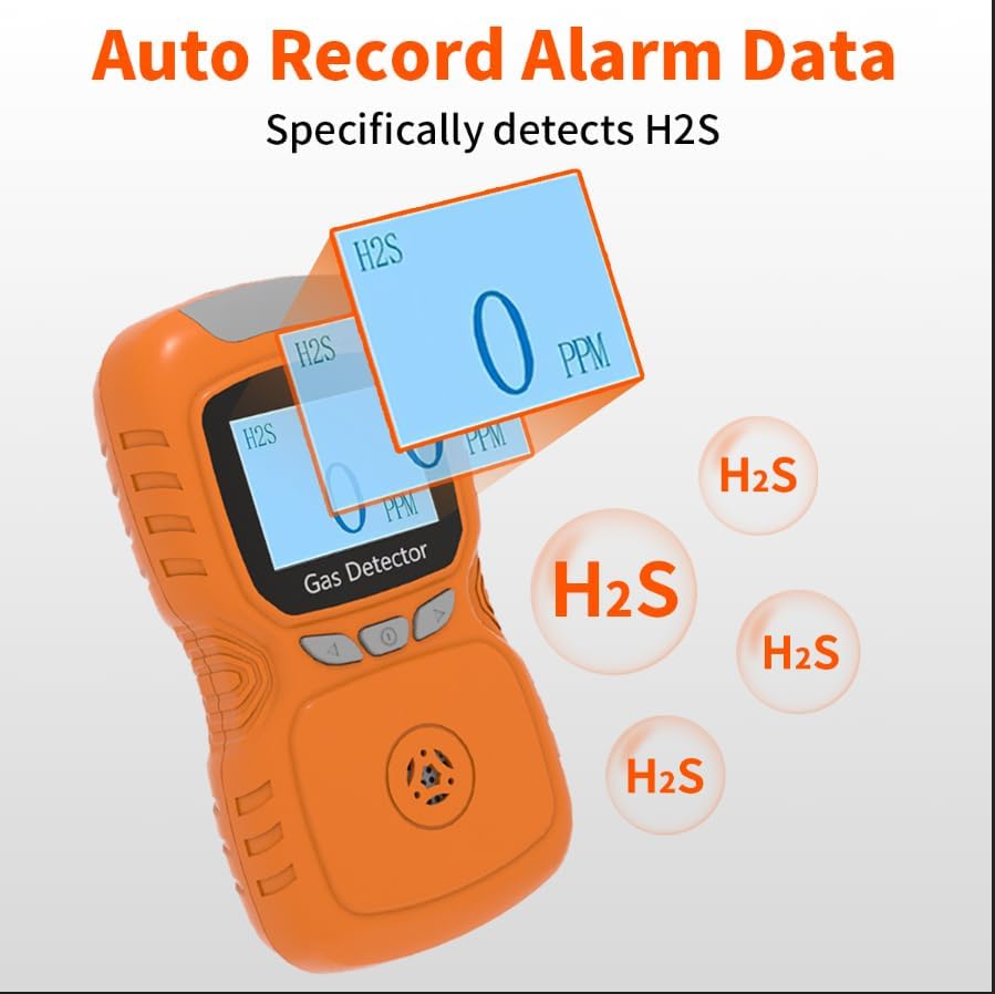 H2S Monitor, Clip Single Gas H2S Monitor, 0~100ppm High-PrecisionH2S Gas Detector, Adjustable Alarm Range, 3 Alarm Modes, Explosion-Proof Safety, for Various Working environments (Orange)