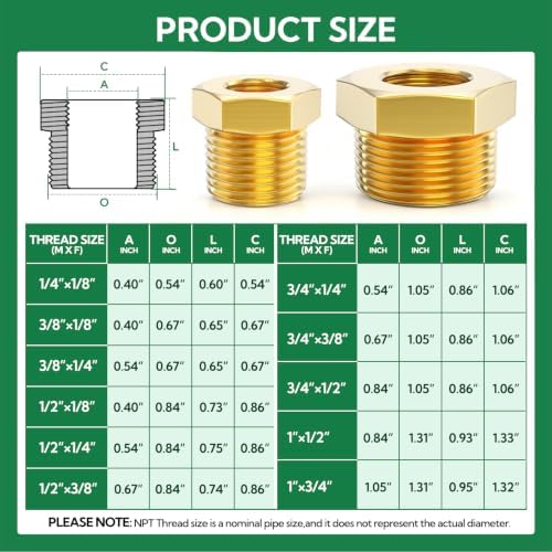TAISHER 6PCS Brass Reducer Hex Bushing Threaded Pipe Fitting 3/8" NPT Male x 1/4" NPT Female Adapter