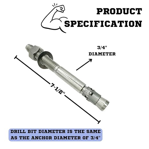 Wedge Anchors – Heavy-Duty 304 Stainless Steel Expansion Bolts for Concrete & Masonry, Rust-Resistant & Durable - 3/4" X 7-1/2" - 10 Pack
