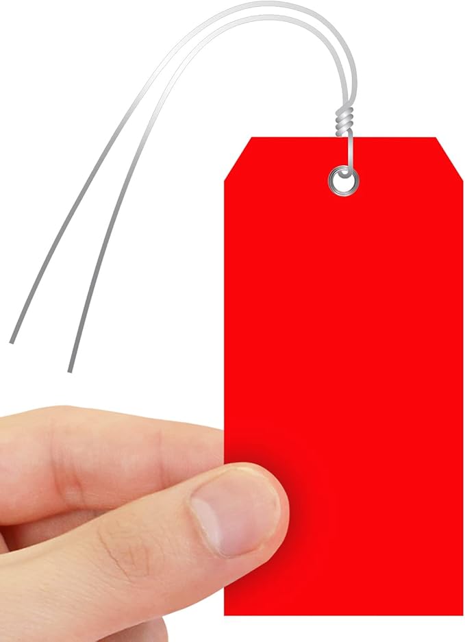 SmartSign Pack of 100 Red Plastic Tags with Wires, 4.75 x 2.375 inch, Metal Eyelet, 10 mil Tear-Proof Polylith Plastic Size-5, Writable