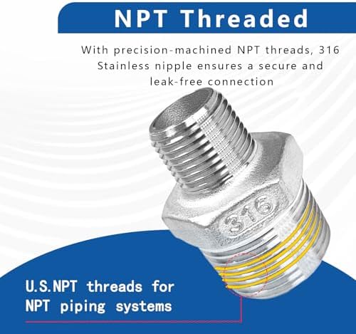 2-Pack 316 Stainless Steel Reducing Hex Nipple, 1" NPT Male x 3/4" NPT Male Pipe Fitting Adapter - Corrosion Resistant Reducer Connector for Plumbing, Hydraulic Systems (1" to 3/4")
