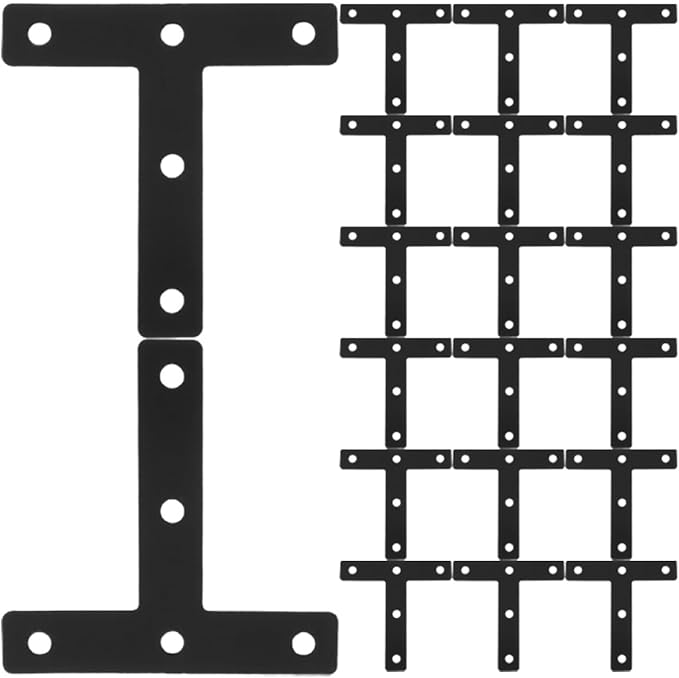 30pcs Black T-Shaped Corner Support Brackets Cold-Rolled Steel Flat Braces for Wood Furniture Repair Mending Plates Shelf Frame Reinforcement
