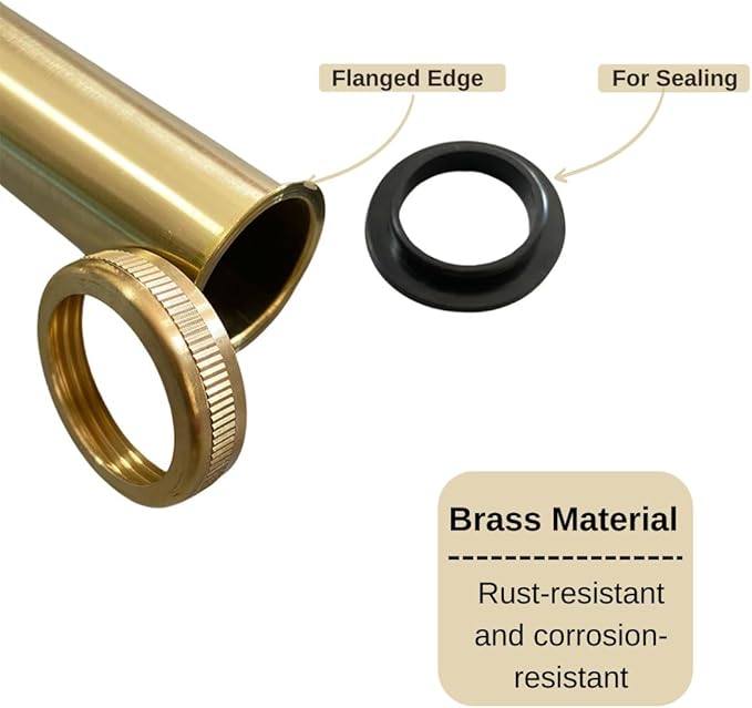 Flanged Sink Tailpiece 1-1/4 in. OD, 12 inch Brass Extension Tube for Trap with Nut and Rubber, Drain Connections