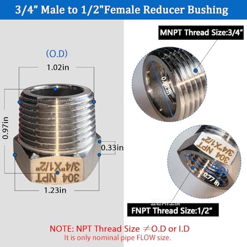 2 Pcs Stainless Steel Bushing 3/4" Male to 1/2" Female, 3/4" to 1/2" Reducer NPT Adapter Hex Stainless Steel Reducing Pipe Adapter Fitting Stainless Steel Fitting Pipe Adapter Convert