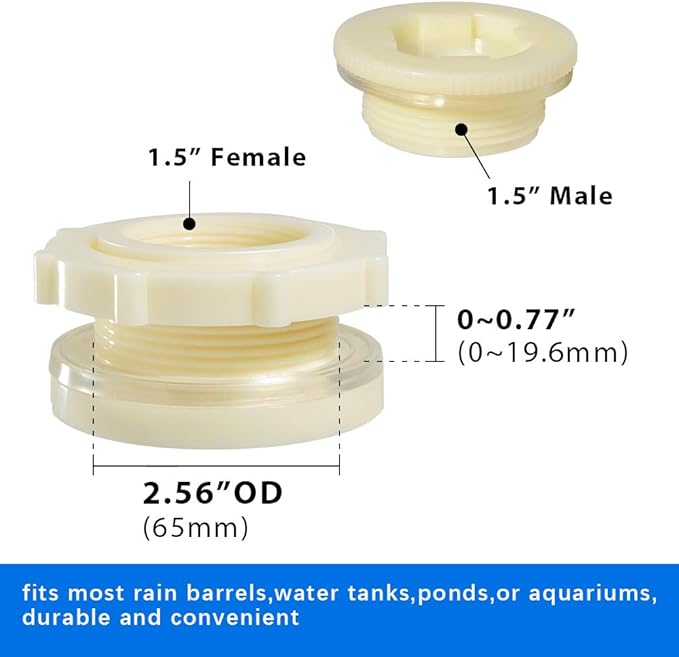 Quickun 1-1/2" ABS Bulkhead Water Tank Connector Adapter Fitting with Plugs Thru-Bulk Pipe Fitting (Set of 2)
