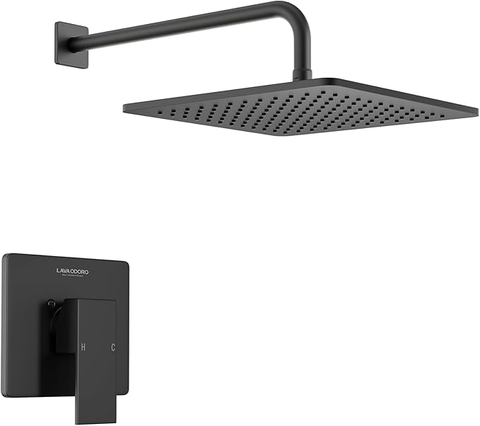 Lava Odoro 12-inch Modern Square Shower Faucet Set Matte Black, Shower Trim Kit with Rough-in Valve High Pressure Black Rainfall Shower Head and Handle Set, (Valve Included), SF106-MB