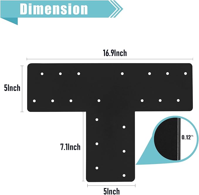 4 Pcs T Post Bracket,16.9"x 5" T Flat Mending Plate with Black Powder-Coated Joining Brackets, Connecting Brackets, T Shape Strap Plate Fit 6x6,8x8, for Repair House,Pavilion,Truss framing