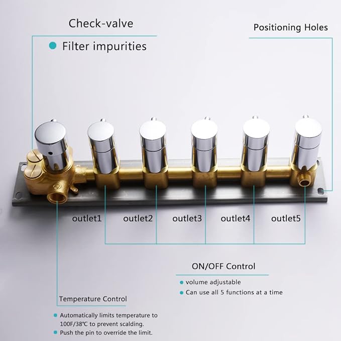 AYIVG 6 Handles 5 Functions Brass 5 Way Shower Diverter Thermostatic Valve Pressure Balanced Mixer with Trim Can Use All Function At a Time Flow Can Be Controlled Chrome