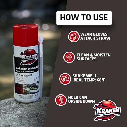 Kraken Bond Black Spray Waterfall Foam Sealant - (2x12oz) Expanding Polyurethane Pond Foam Sealer Black, UV Resistant Insulating Spray for Landscape & Exterior, Straw Use, 2 Pack
