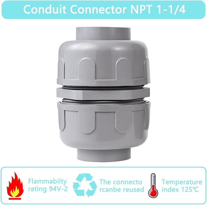 (1Pcs) NPT 1-1/4 inch Liquid-Tight Connector,PVC Flexible Conduit Double-Ended Connector,Straight 180 Degree,Two-Way Conduit Connector,Electrical Conduit Fittings