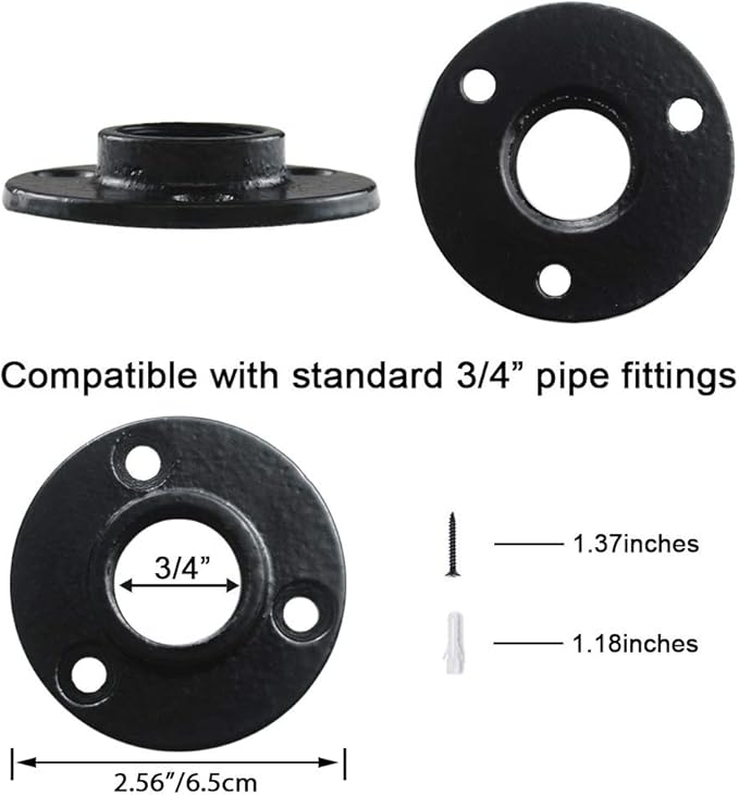 GeilSpace Floor Flange, Malleable Iron Pipe Fittings - Vintage DIY Industrial Shelving, Industrial Decor, Furniture DIY (3/4", Black)