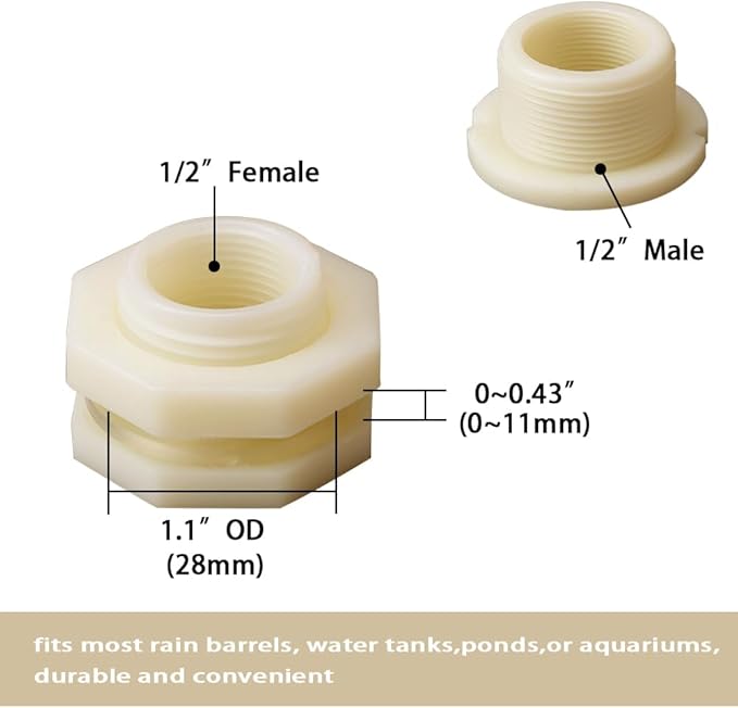 1/2 Female ABS Bulkhead Fitting, Plastic Water Tank Connector Adapter Fitting with Plugs for Outdoor rain Barrel Garden Hose Adapter Spigot kit Water Tank Gallon Drain Bucket(Set of 4)