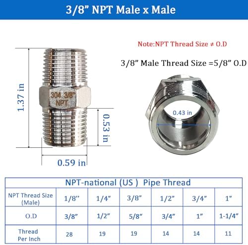 3/8" NPT Stainless Steel Hex Nipple, 2PCS Male to Male Pipe Fitting Adapter