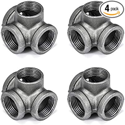 1/2" 4-Way Side Outlet Tee, Home TZH 4-Pack 4-Way Corner Cast Black Malleable Iron Pipe Fitting for Industrial Pipe, Furniture and DIY Decoration (4, 1/2")