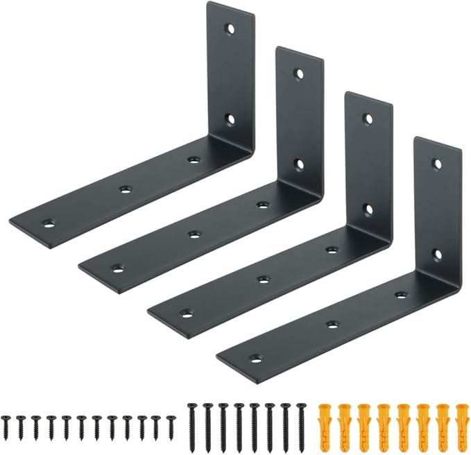 Alise Floating Shelf Brackets Heavy Duty L-Shaped Wall Brackets - Black Angle Corner Braces for Shelves, Stainless Steel Reinforced Shelf Support Bracket for Wooden Boards 7x4 Inch,Pack of 4
