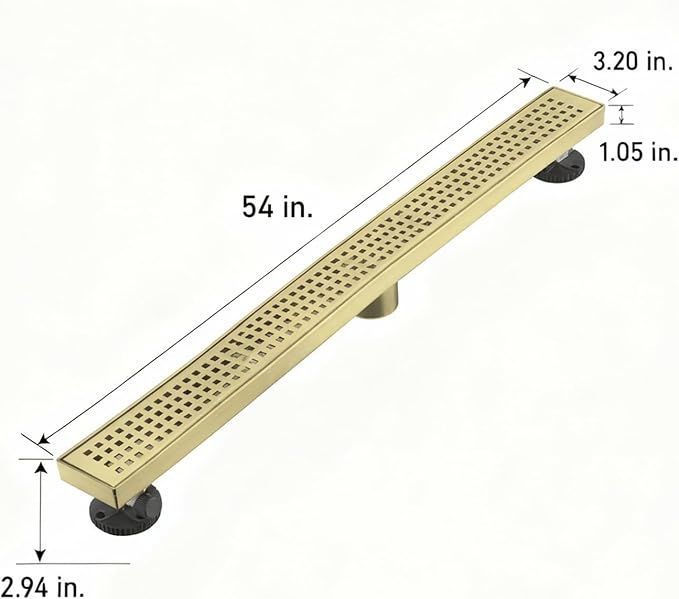 Linear Shower Floor Drain, Brushed Gold 54 Inch 304 Stainless Steel Bathroom Drains Kit, Long Rectangular Shower Trench Drain with Square Pattern Drain Cover & Hair Catcher