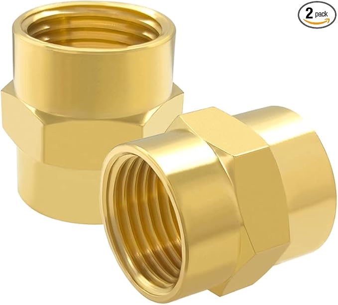 Hooshing 2PCS 1/2" x 1/2" NPT Female Coupler Soild Brass Hex Nipple Coupling Pipe Fitting