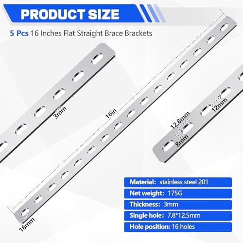 Zonon 5 Pcs 16 Inches Flat Straight Brace Brackets Adjustable 201 Stainless Steel Mending Plate 408mm/16 '' Length 16 Screw Hole Straight Bracket, 2.8 mm Thickness, Slot for 5/16" Screw (Silver)