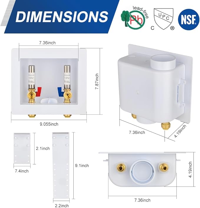 EFIELD Universal Washing Machine (Laundry) Outlet Box with Center Drain, 1/2-inch Push fit Connection With Stainless Steel Water Hammer Arrestor,(WM054)